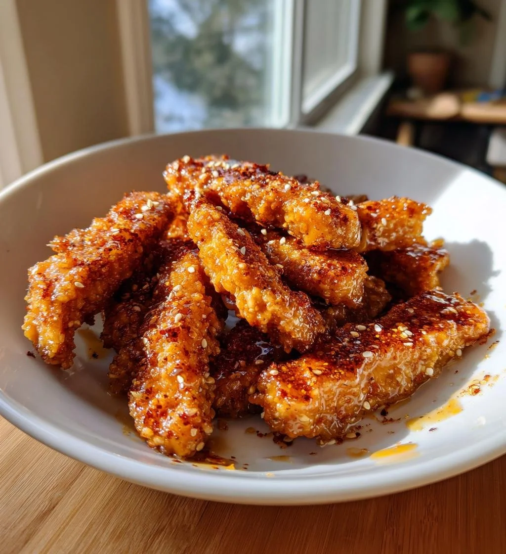 Plate of crispy honey mustard tofu tenders garnished with herbs