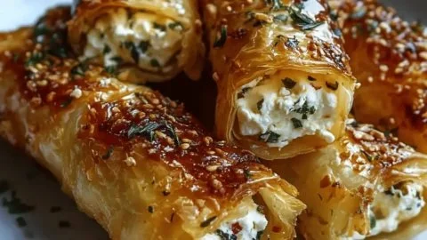 Delicious oven fried feta rolls topped with chili honey on a plate