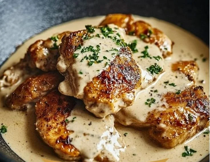 Served Irish Chicken in Whiskey Cream Sauce dish garnished with herbs.