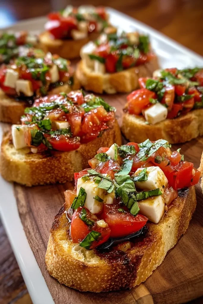 Delicious Italian Bruschetta topped with fresh mozzarella and tomatoes.