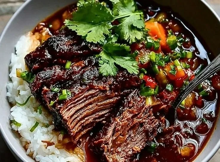 Delicious Korean Style Pot Roast with flavorful beef and vibrant vegetables.