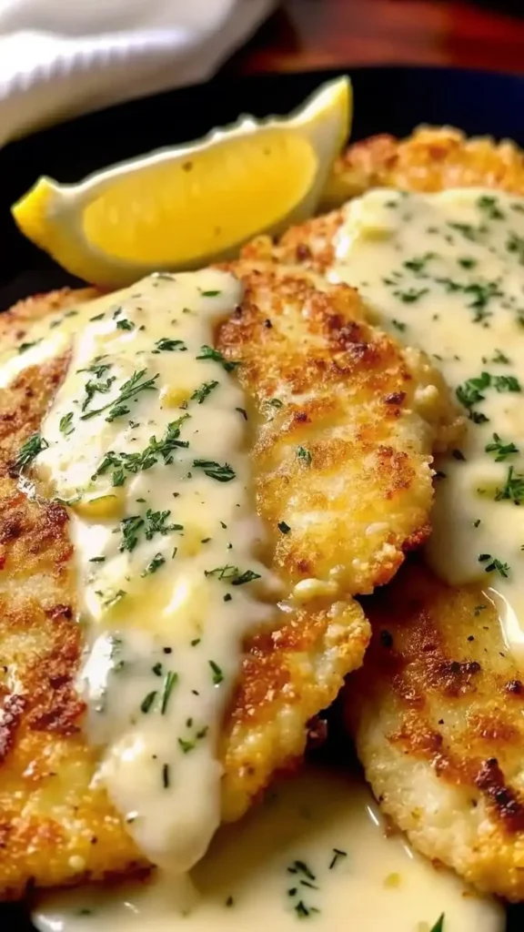 Lemon Pecorino Crusted Chicken served with a rich creamy lemon sauce.