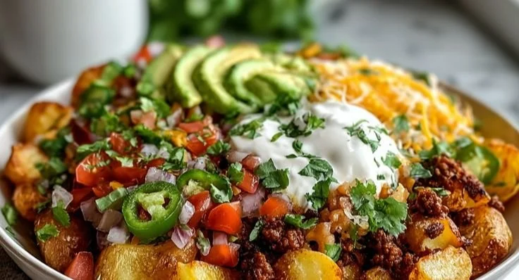 Delicious Loaded Potato Taco Bowl topped with fresh ingredients and spices