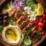 Mediterranean chicken bowl with colorful vegetables and herbs