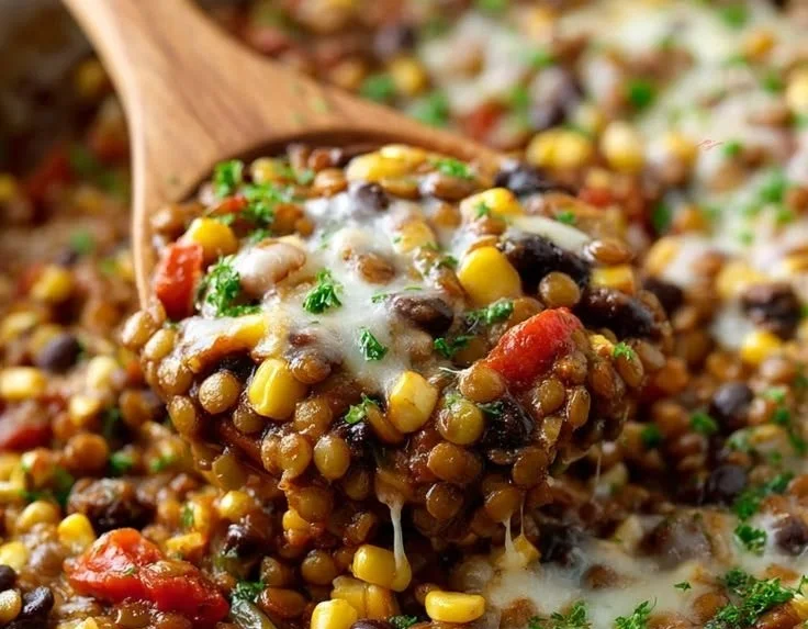 Colorful bowl of Mexican lentils garnished with cilantro and lime