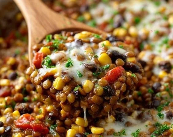 Bowl of Mexican Spiced Lentils garnished with fresh cilantro and lime.