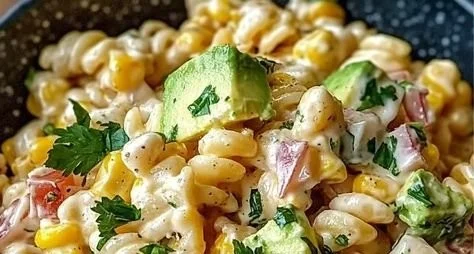 Mexican street corn pasta salad with fresh ingredients and vibrant colors.