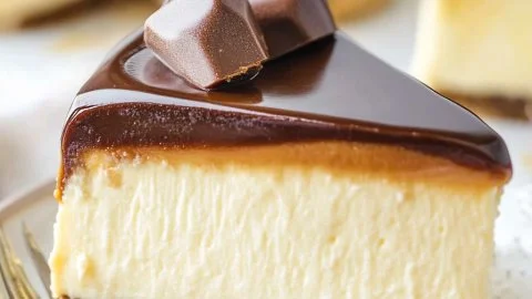Delicious Millionaire Cheesecake topped with chocolate and caramel drizzling
