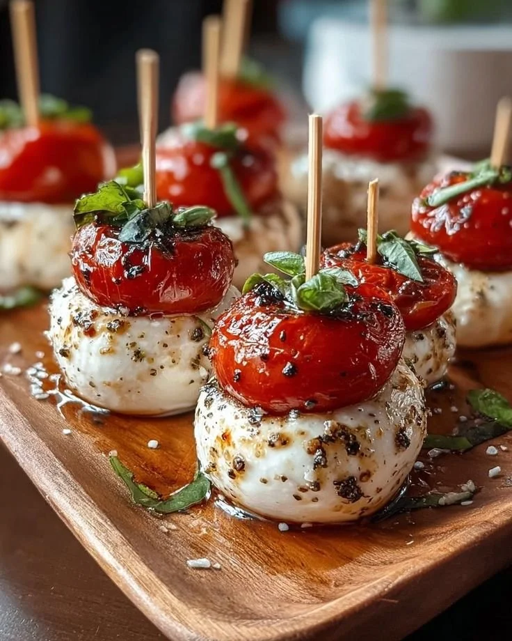 A platter of Mini Caprese Bites with mozzarella, tomatoes, and basil skewers.