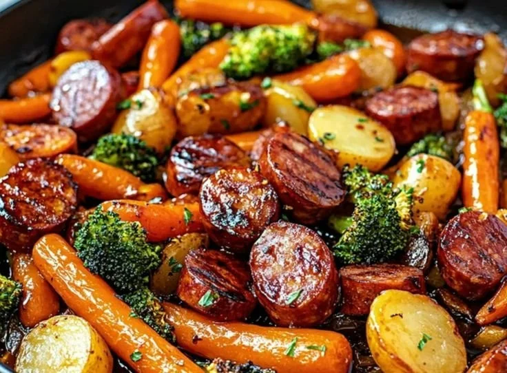 One-Pan Honey Garlic Kielbasa with veggies served in a skillet.