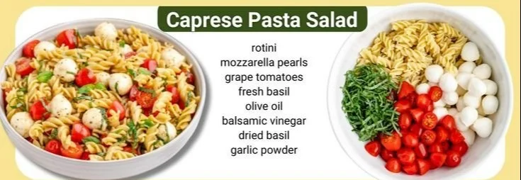 A colorful bowl of fresh pasta salad with vegetables and dressing