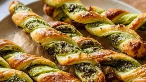 Pesto Twists with Mozzarella served on a plate, garnished with fresh herbs