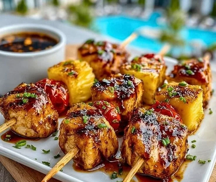 Pineapple Chicken Kabobs marinated and grilled with vibrant vegetables.