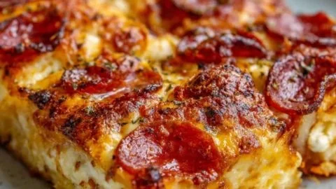 Delicious Pizza Cottage Cheese Bake ready to eat, topped with fresh vegetables and cheese.