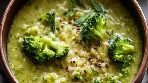 Bowl of quick garlic broccoli soup served with fresh herbs on top