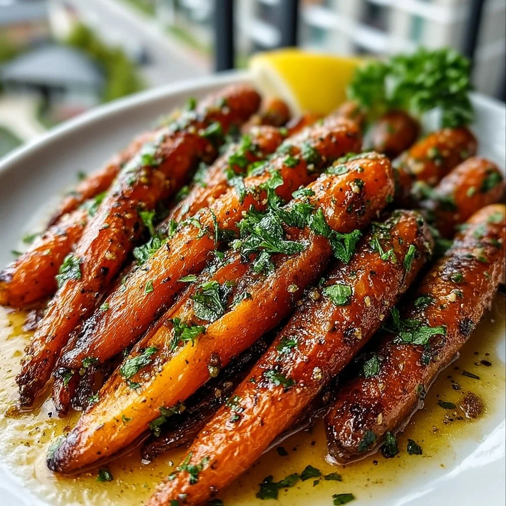 Roasted brown sugar carrots drizzled with herbs for a savory side dish