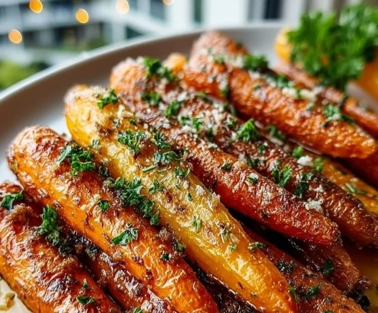 Roasted brown sugar carrots garnished with fresh herbs on a serving plate.
