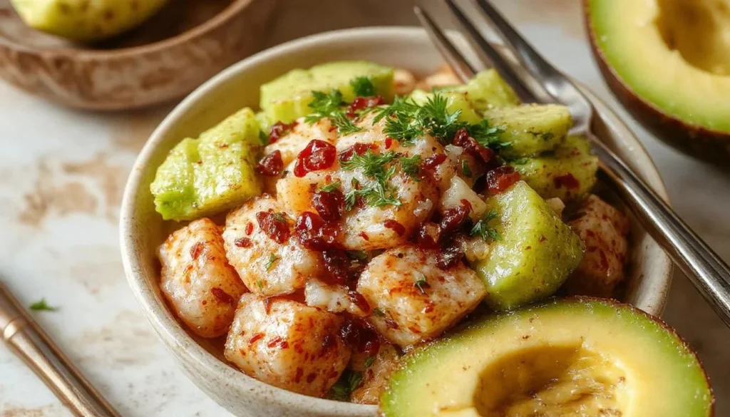 Salmon and avocado poke bowl featuring fresh ingredients and vibrant colors.