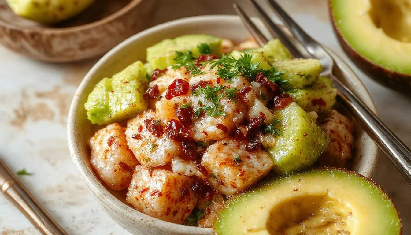 Salmon and avocado poke bowl featuring fresh ingredients and vibrant colors.