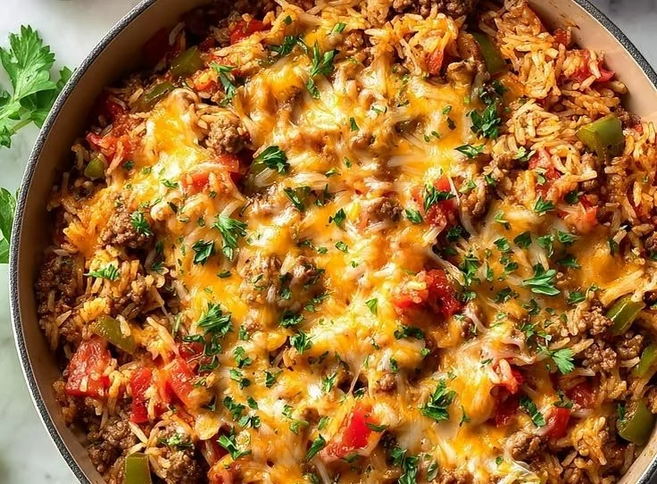 Satisfying Ground Beef and Rice Skillet dish served in a pan