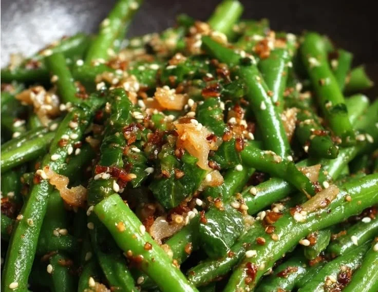 Delicious plate of sesame green beans garnished with sesame seeds.