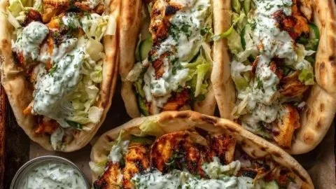 Sheet pan chicken pitas served with herby ranch dressing
