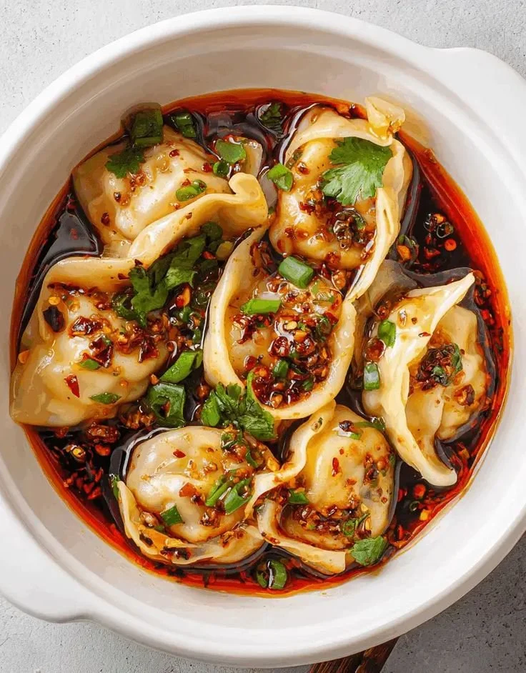 Sichuan chili oil wontons served in a bowl, garnished with scallions.