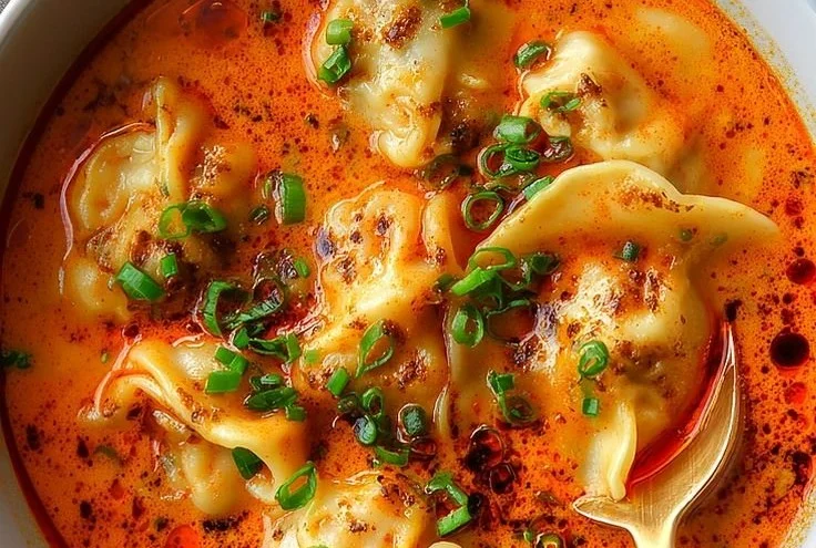 Bowl of simple coconut curry soup topped with homemade dumplings