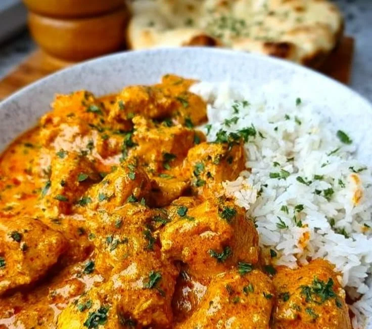 Delicious slow cooker butter chicken served with rice and garnish