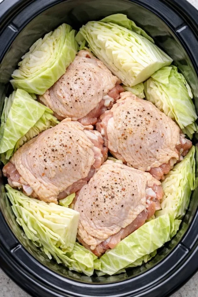 Slow cooker buttered cabbage recipe with chicken on a plate.