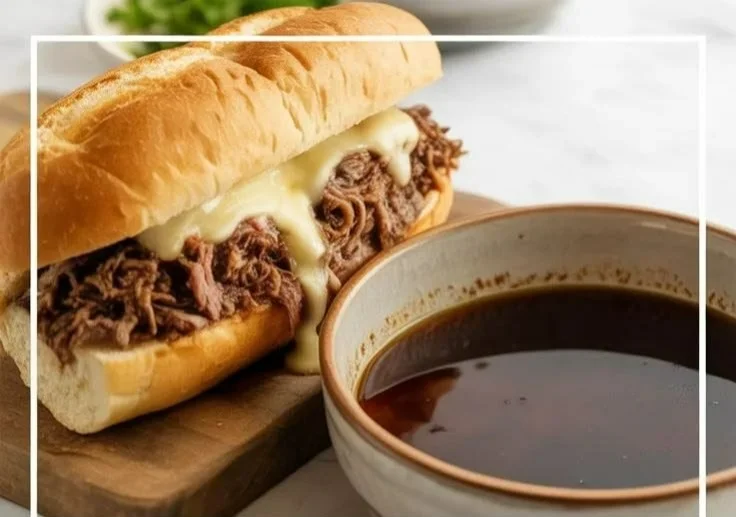 Delicious Slow Cooker French Dip Sandwich served with au jus