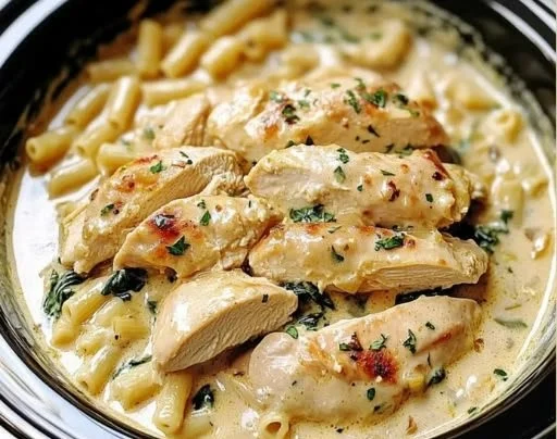 Slow Cooker Olive Garden Chicken served in a bowl with herbs and vegetables.