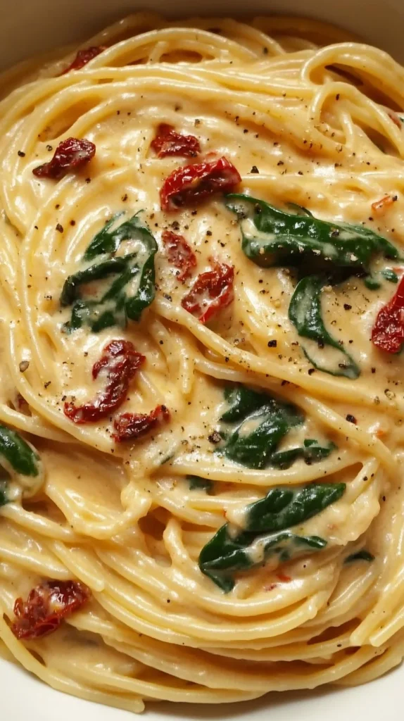 Spaghetti spinach served in sun-dried tomato cream sauce