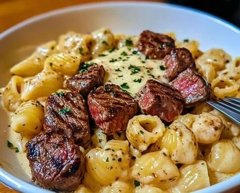 Steak bites served with shell pasta in garlic butter Alfredo sauce
