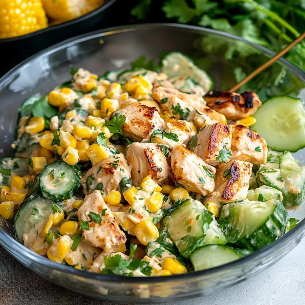 Delicious street corn creamy cucumber chicken salad recipe