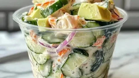 A vibrant sushi cucumber salad with a creamy dressing served in a bowl.