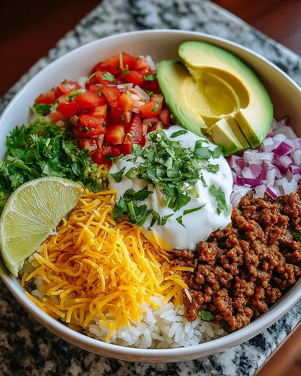Delicious Taco Rice Bowl topped with fresh ingredients and spices.