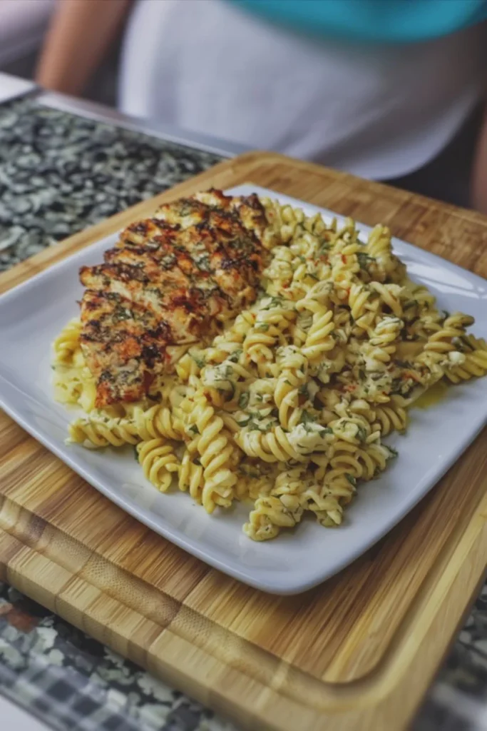 Delicious creamy garlic parmesan chicken pasta served in a bowl with herbs