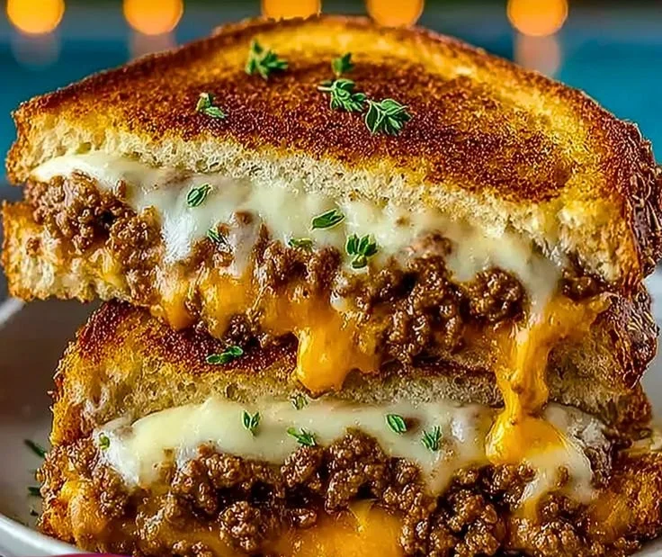 Delicious ultimate cheesy ground beef melt served with toppings.