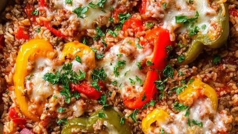 Delicious unstuffed pepper skillet served in a cast-iron pan.