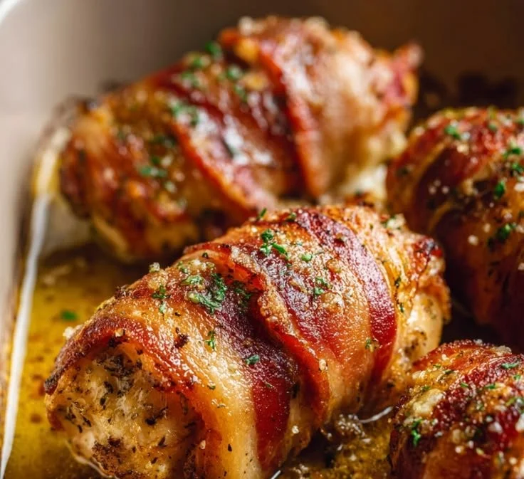 Bacon-Wrapped Garlic Parmesan Chicken garnished and ready to serve
