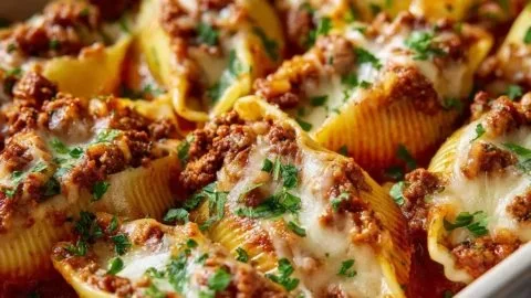 Delicious Beef Stuffed Shells topped with marinara sauce and cheese