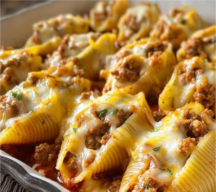 Cheesy taco stuffed pasta shells filled with seasoned meat and cheese