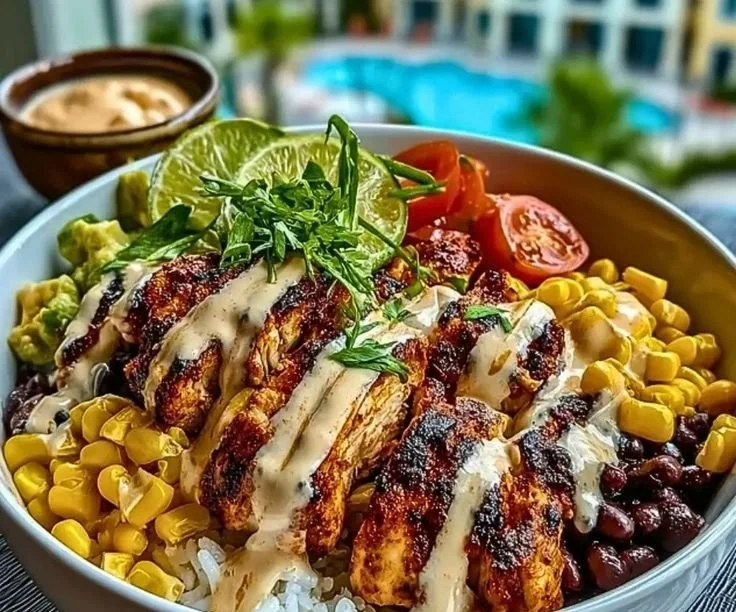 Chipotle Chicken Bowl with black beans, corn, and creamy sauce