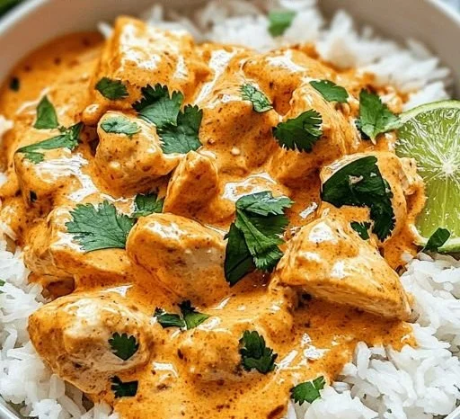 A vibrant Coconut Chicken Rice Bowl with chicken, rice, and coconut sauce garnished with herbs.