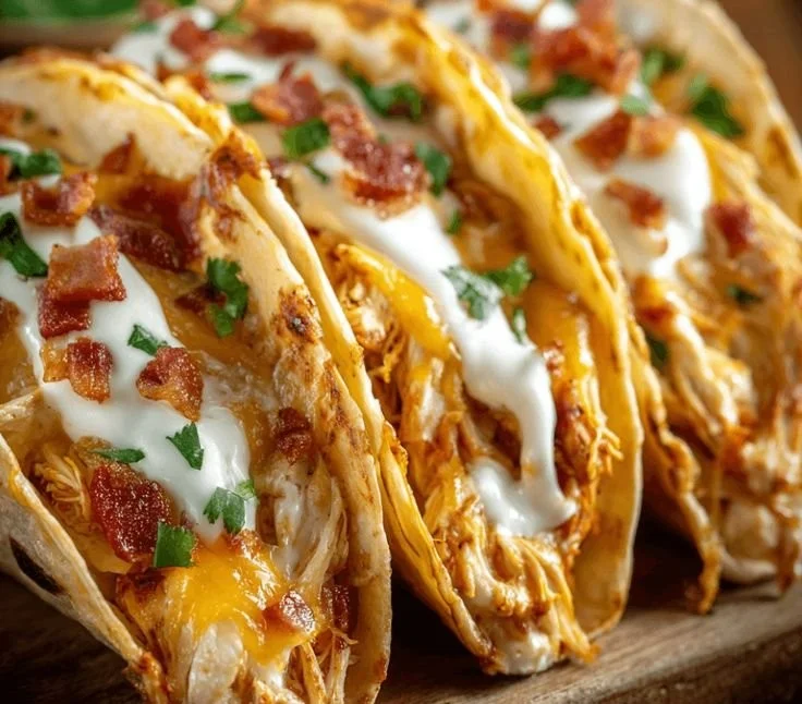 Delicious Cheddar Ranch Chicken Tacos topped with creamy dressing and fresh ingredients