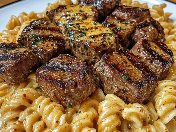 Creamy garlic butter steak bites served with spicy Cajun Alfredo pasta