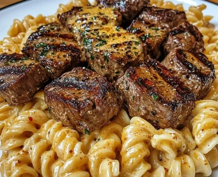 Creamy garlic butter steak bites with spicy Cajun Alfredo twisted pasta