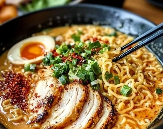 Creamy garlic chicken ramen in a bowl with toppings
