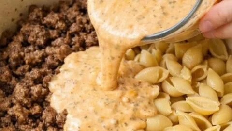 Creamy one-pot beef and shells pasta served in a bowl with herbs